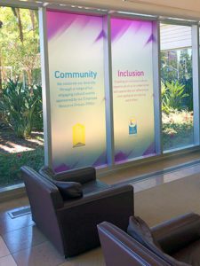 Printed Frost Dusted Crystal Material Applied to Experian Main Lobby Glass